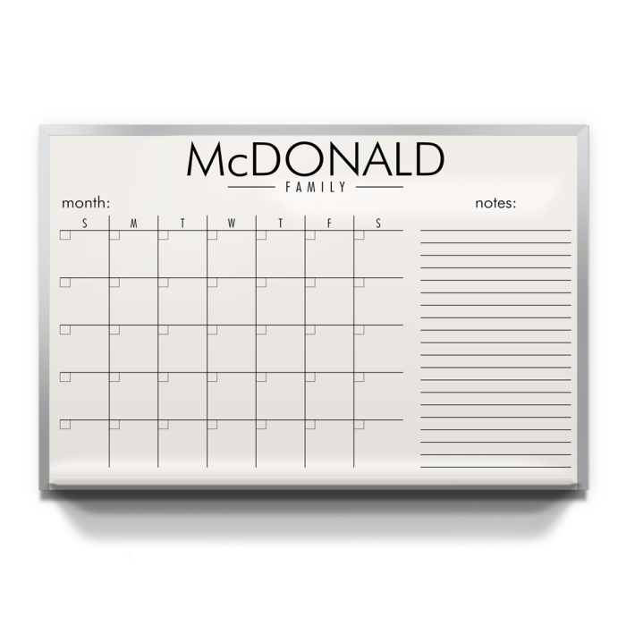 Family Calendar Board, Non Magnetic Surface, Aluminum Trim and Tray