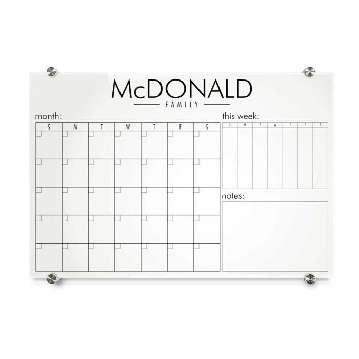 Personal Calendar Glass Dye-Sublimation Board, Gold or Silver Standoffs, Style 3
