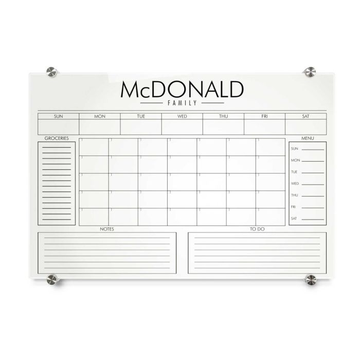 Personal Calendar Glass Board, Style 1 (Gold or Silver Standoffs)