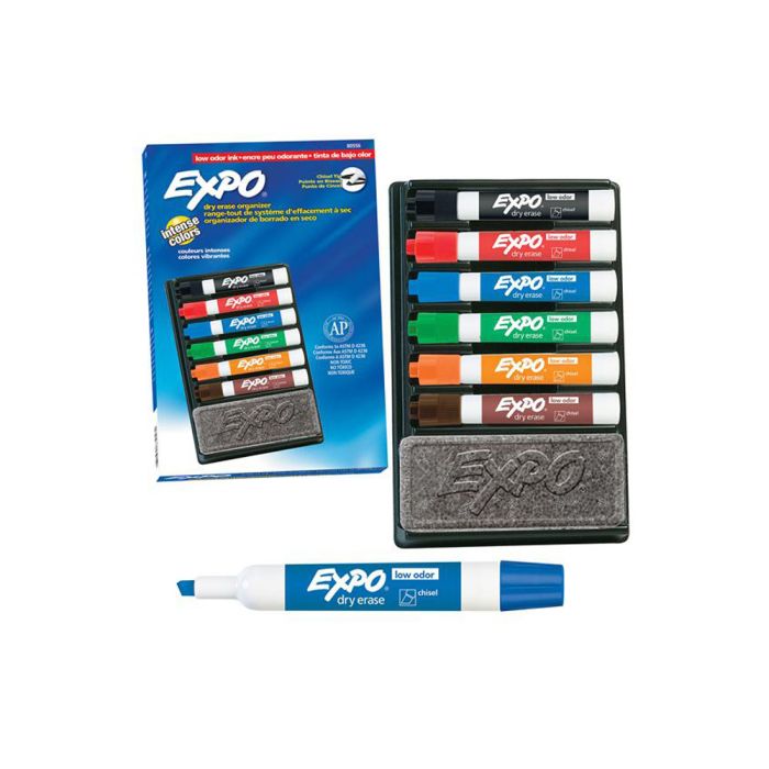 Expo® Organizer - 6 Chisel Tip Low Odor Dry Erase Markers with 1 Eraser in Storage Tray