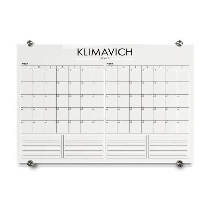 Personal Calendar Glass Board, Style 2 (Gold or Silver Standoffs)